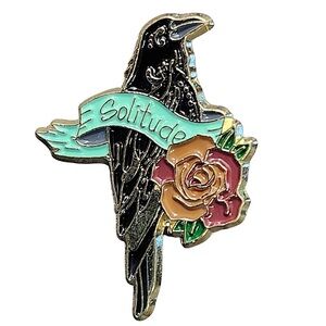 Vintage Style Black Raven Crow Solitude Red Rose Flower Enamel Pin Brooch